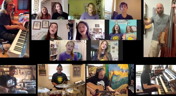 Still from BHC virtual ACL Fest 2020 video Composite video still of Barton Hills Choir singers and musicians performing remotely for the 2020 virtual ACL Festival